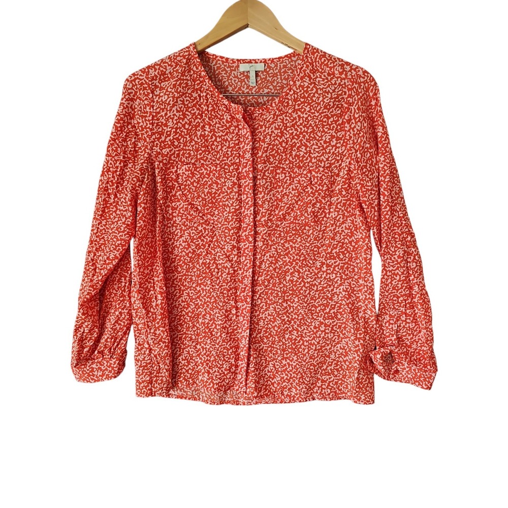 JOIE Red White Printed Silk Button Blouse Round Neck Pockets Long Sleeve Size S